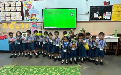 Children of LKG enjoyed the green colour activity by bringing green objects from home and confidently speaking a few sentences about them.”