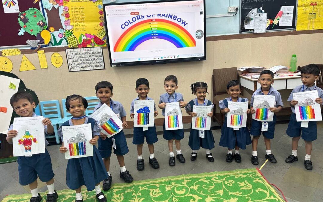 Children of LKG were all smiles as they filled in the 7 colours of the rainbow on the worksheet as&nbsp; a recap activity for number 7.